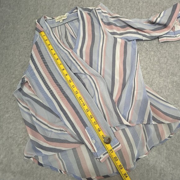 CYNTHIA ROWLEY Blouse Sz S Striped Rayon Faux Wrap V-Neck High Low Long Sleeve - Picture 7 of 13